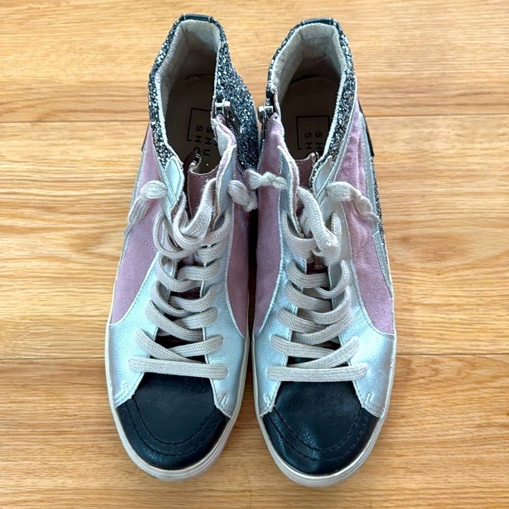 Shu Shop Womens Glitter Star High Top Sneakers Size 10 Silver Pink Fashion - Picture 6 of 10